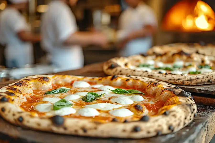 a traditional neapolitan pizza fresh from a wood fired oven