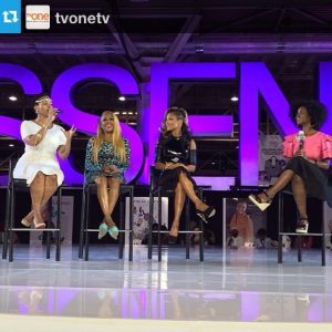 Abiola moderating a panel for TV One Network in New Orleans with the "R&B Divas of LA," singers. Chrisette Michele, Chante Moore, and Lil Mo.