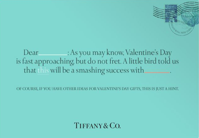 Happy Valentine's Day "Hint" Reminder Postcard from Tiffany and Co