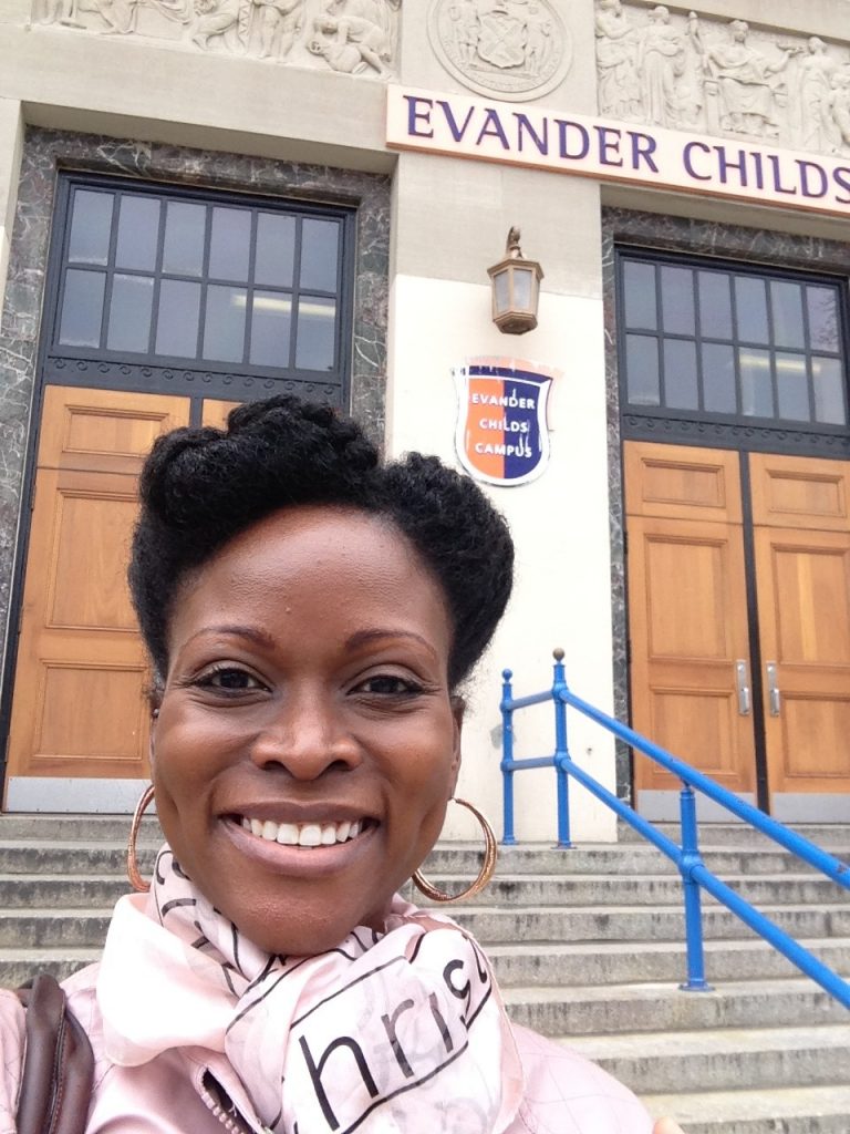 African American female writer Abiola Abrams speaking at Career Day in New York City.