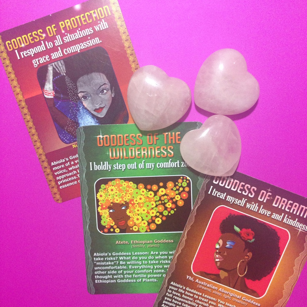 African Goddess Affirmation Cards and Rose Quartz Crystals