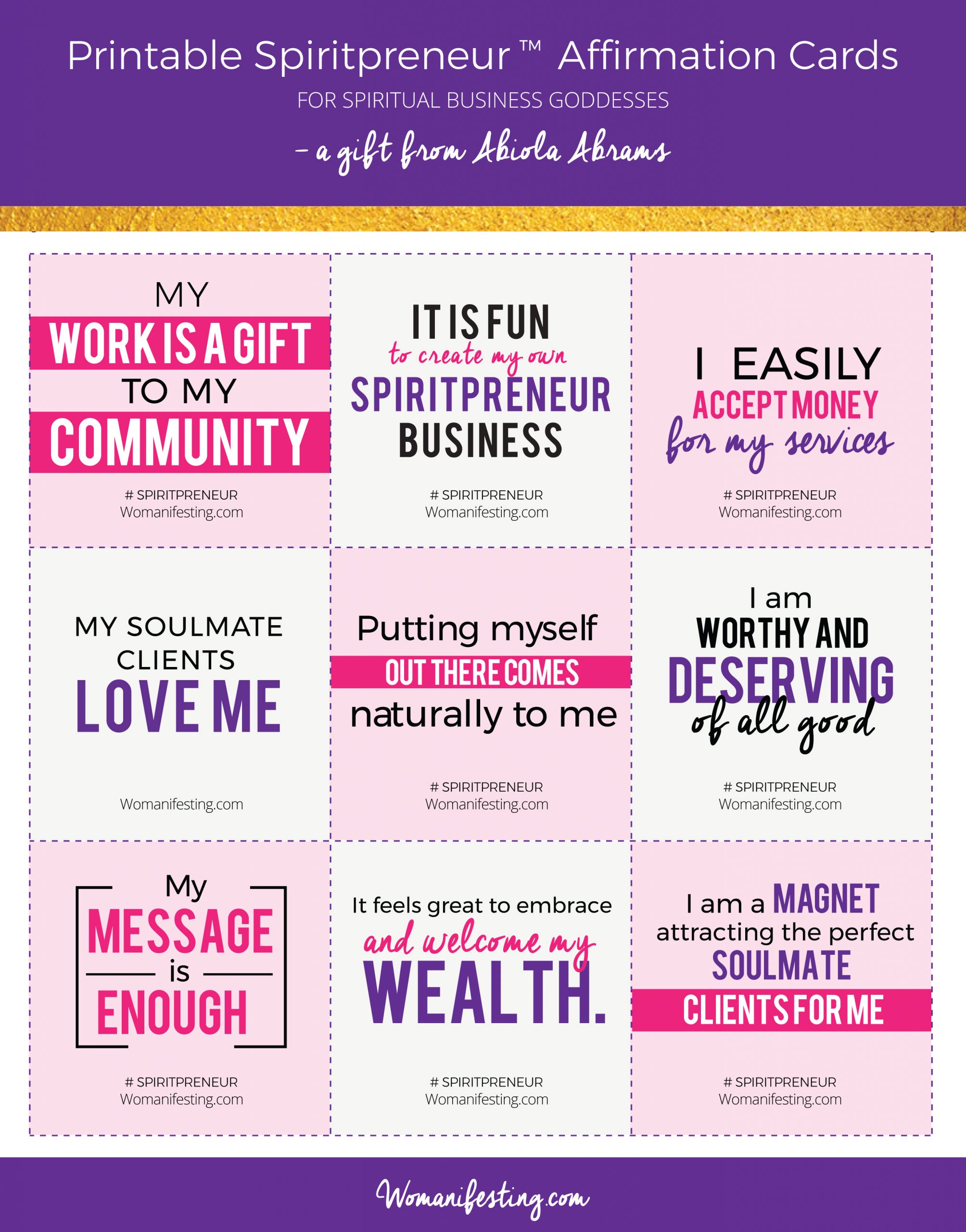 Free Womanifesting Spiritpreneur Affirmation Cards [Printable