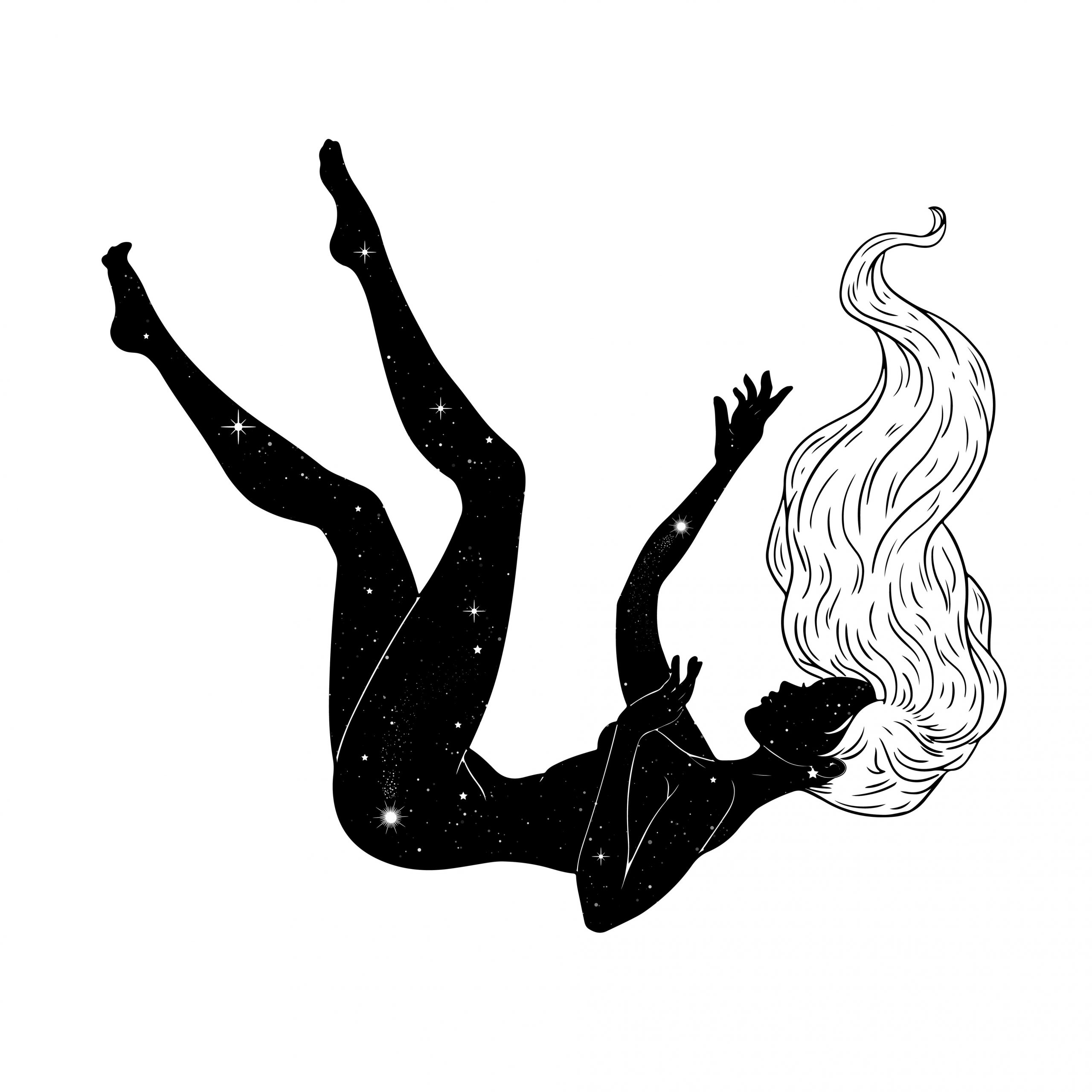 Beautiful girl floating through space, stars background, esoteri