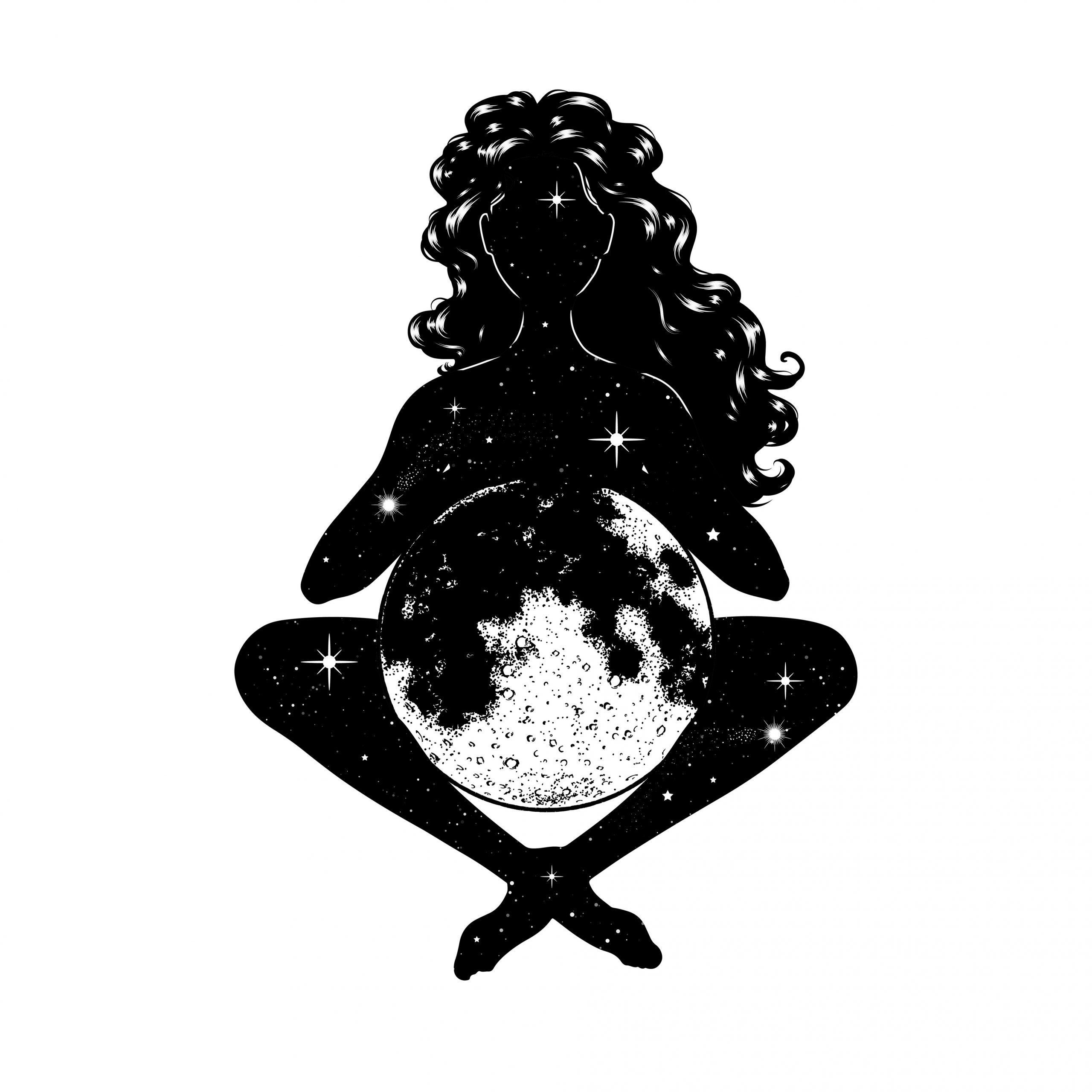 Beautiful woman meditating with full moon, goddess symbol. Vecto