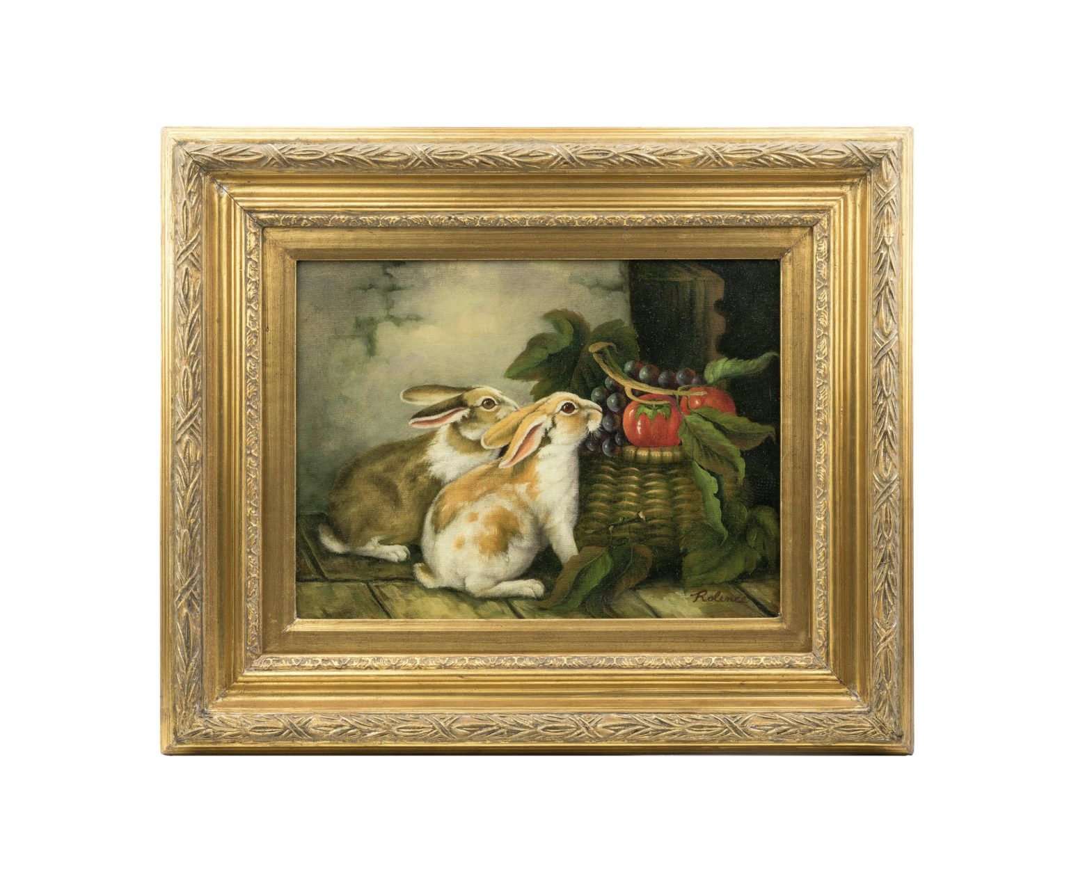 Still life painting rabbits feeding scene