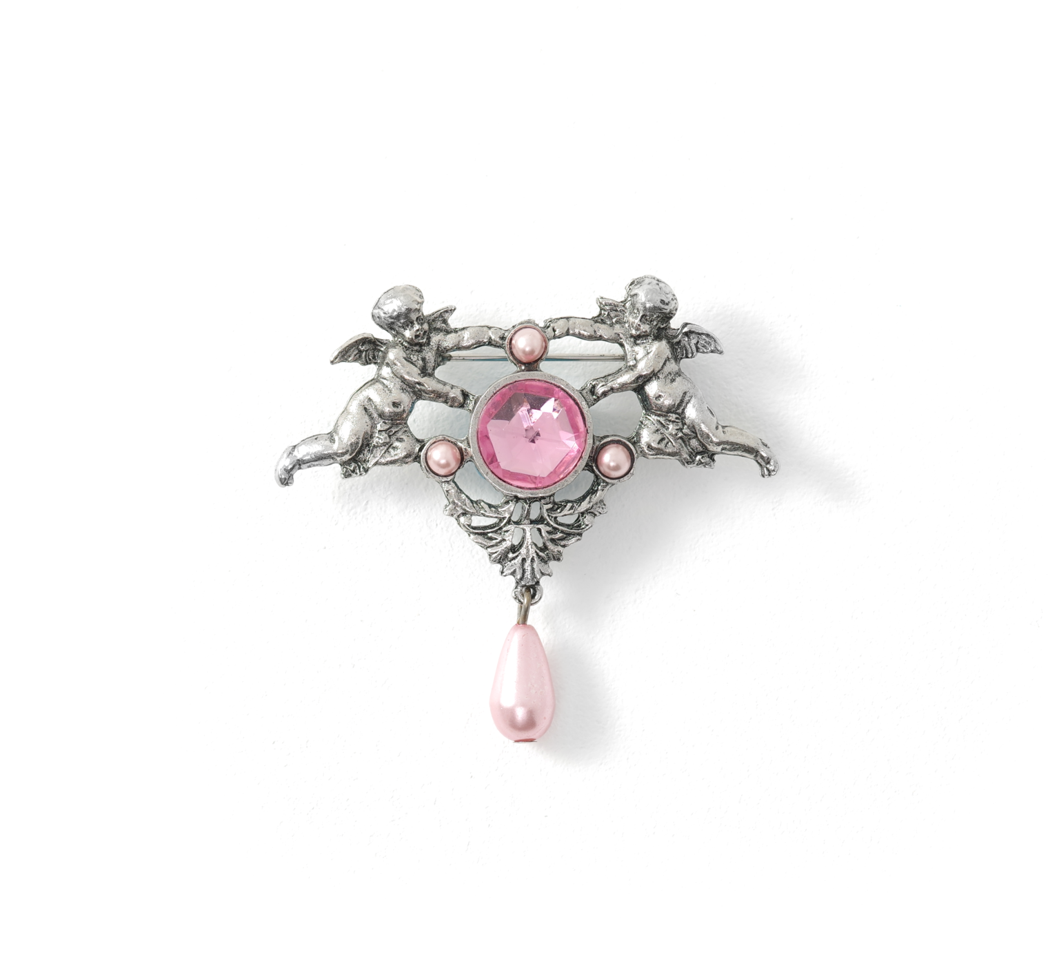 Silvered Pink Rhinestone Angels Brooch