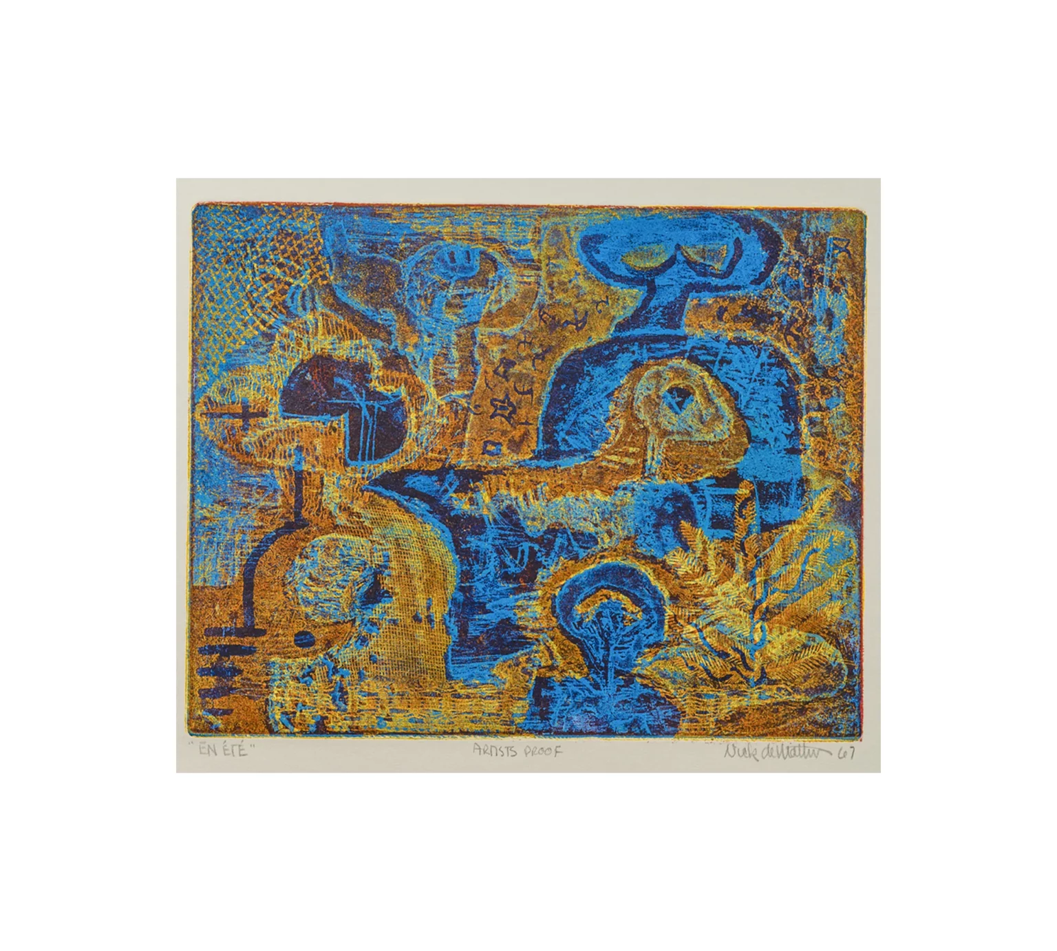 Vintage Abstract Expressionist Art Print "En Et" 1967