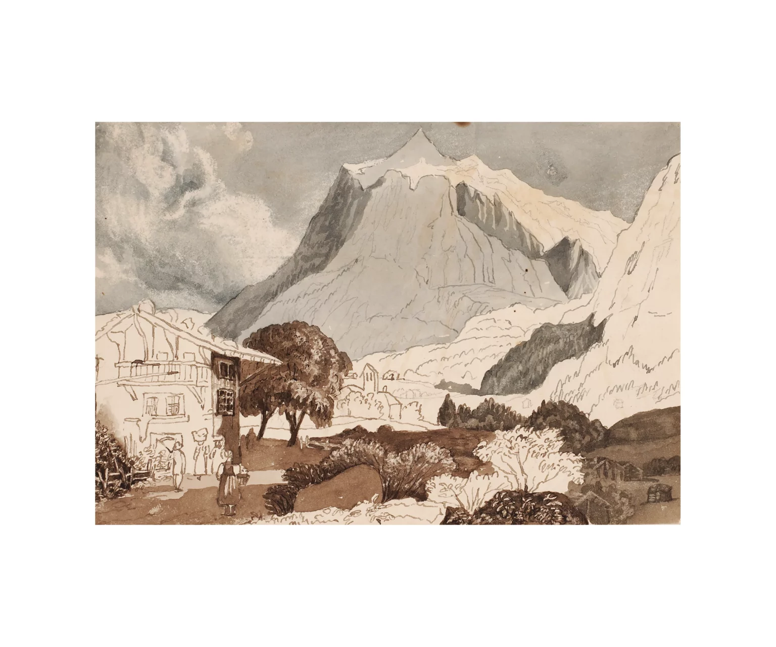 Mountainous Landscape Town Scene Watercolor Painting