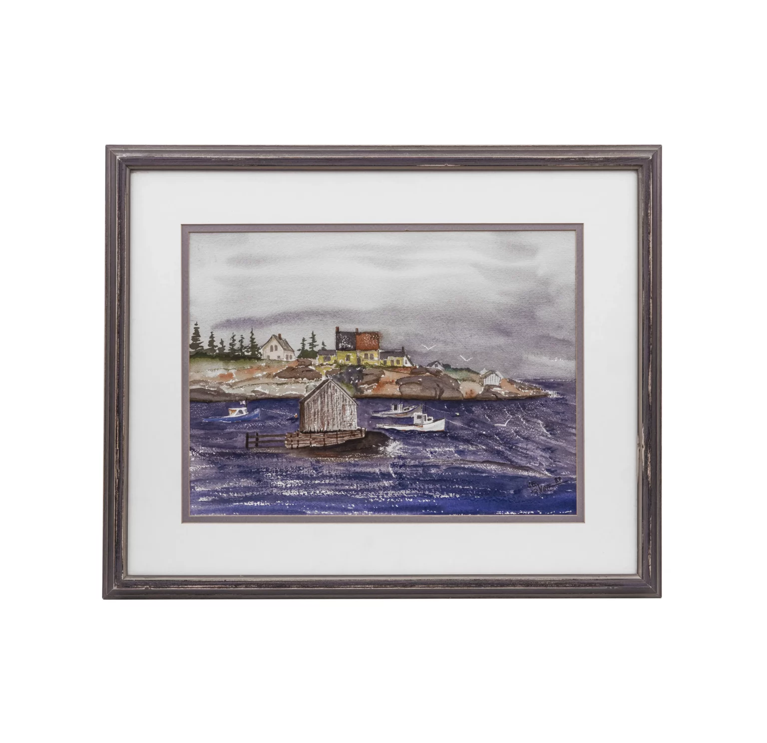 Vintage Harbor Shore Scene Watercolor Painting