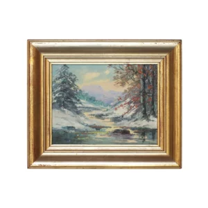 Vintage Winter Creek Landscape Oil Painting