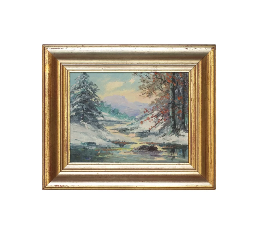 Vintage Winter Creek Landscape Oil Painting