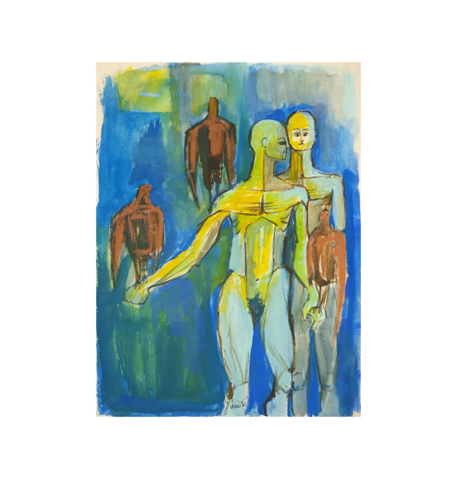 Vintage 1960s Blue and Lime Abstract Surrealist Figural Painting