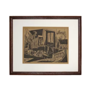 Vintage Julius Hubler Brooklyn Bridge Linocut Art Print