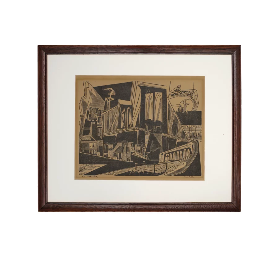 Vintage Julius Hubler Brooklyn Bridge Linocut Art Print