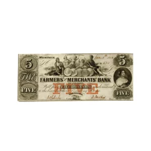 Memphis Farmers Merchants Bank 5 Dollars Banknote June 1, 1854