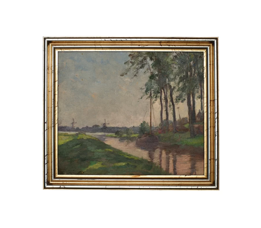 Vintage Holland River Windmill Oil Painting