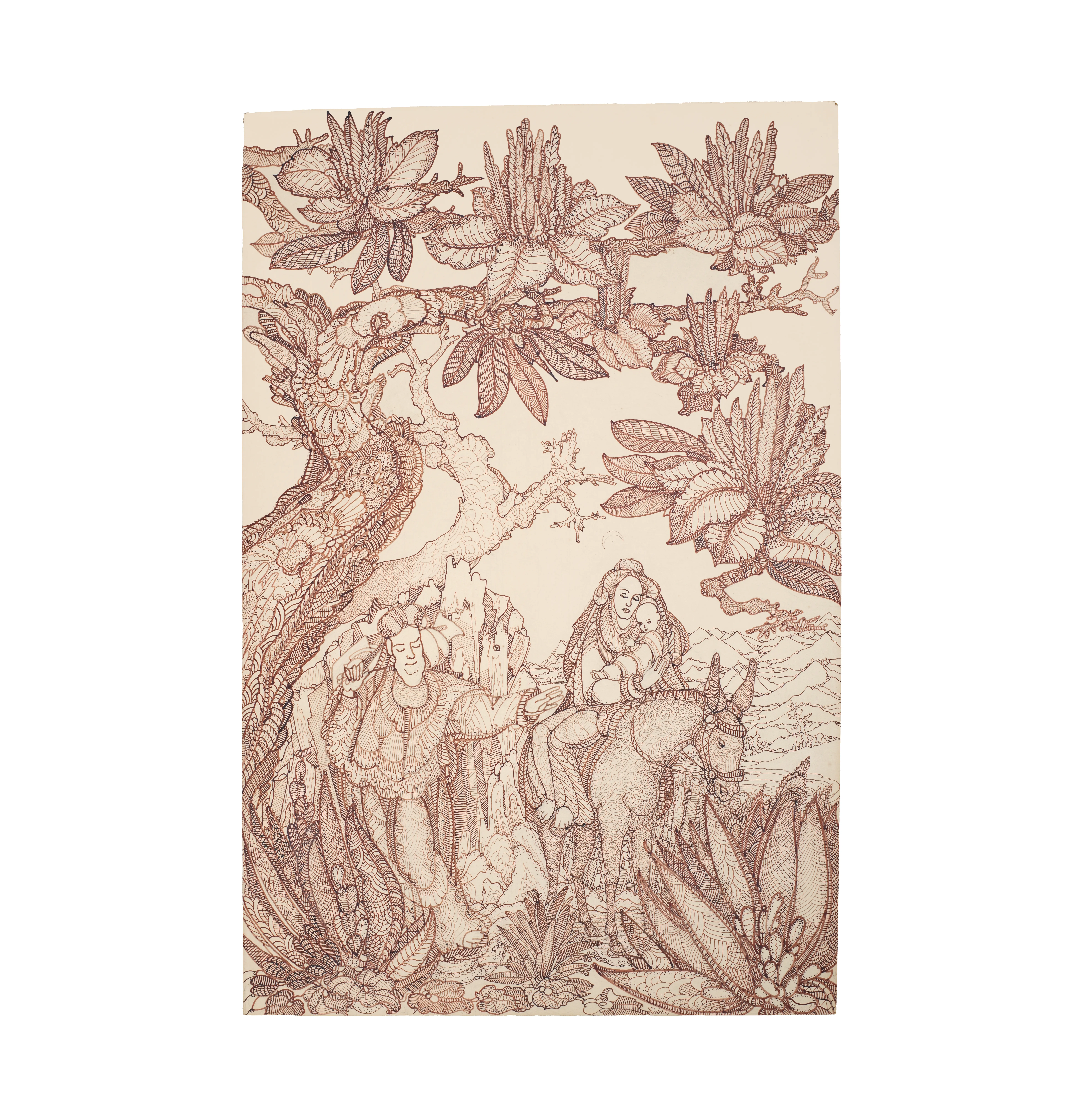 Vintage Queen King and Child In a Fantasy Forrest Mehndi Art Drawing