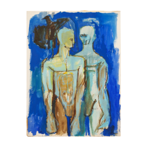 Vintage 1960s Blue Men and Bird Expressionist Mid-Century Modern Painting