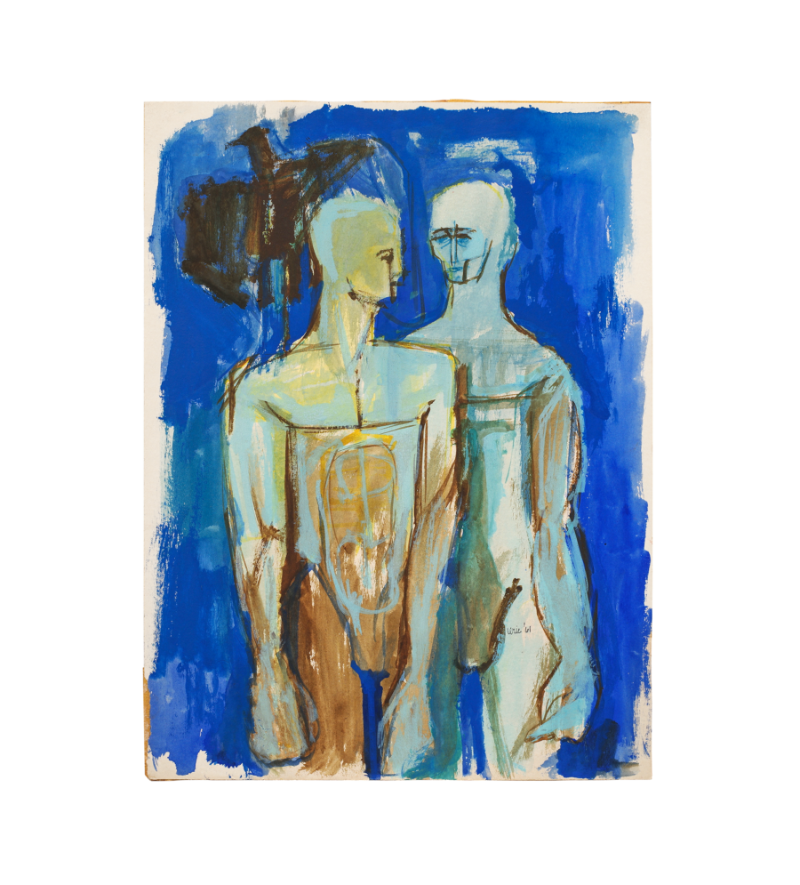 Vintage 1960s Blue Men and Bird Expressionist Mid-Century Modern Painting