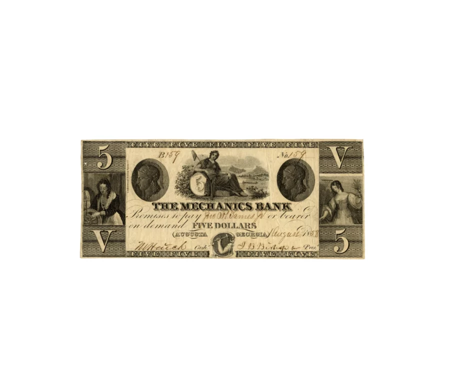 Augusta Georgia The Mechanics Bank Five Dollars Bank Note 1858 - August 1858