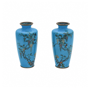 Antique Japanese Meiji Period Cloisonne Matching Pair Of Miniature Vases