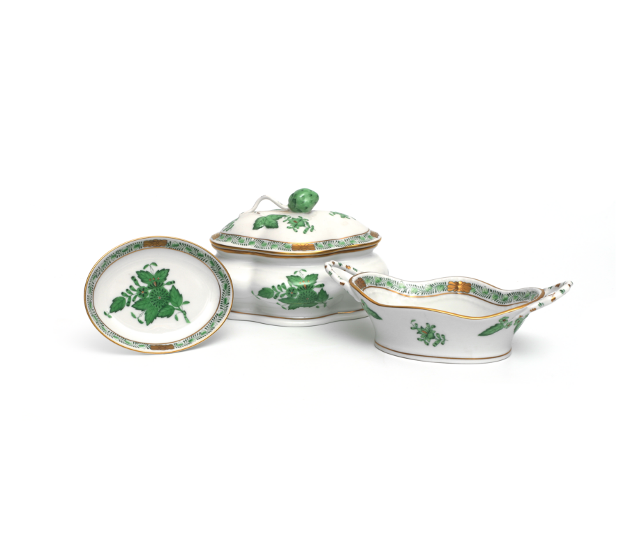 Herend Apponyi Flowers Porcelain Tureen Dish and Basket Set