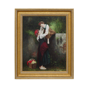 Mother and Child Foraging for Apples Italian Gilt Decorated Academic Painting