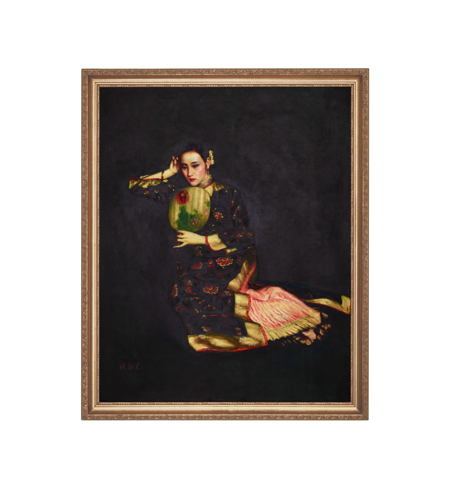 Vintage Chinese Romantic Realism Oil Painting Of A Lady