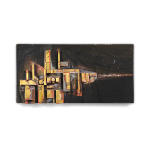 Vintage Wooden 3D City Scape Wall Sculpture Gilt-Decorated Futuristic Metropolis Art with Geometric Shapes & Painted Webs