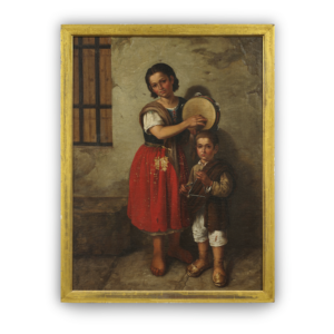 Antique Continental European Mother and Son With Tambourine and Chime Painting