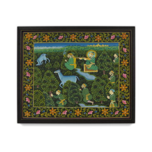 Indian Miniature Hunting Scene Painting with Floral & Black Borders