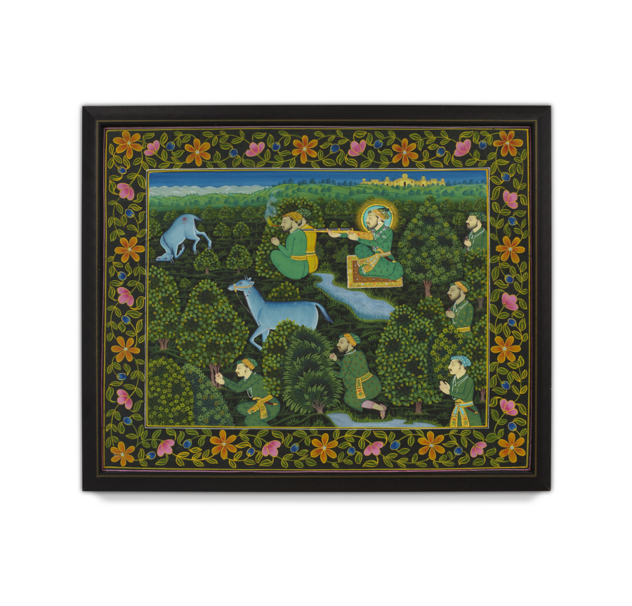 Indian Miniature Hunting Scene Painting with Floral & Black Borders