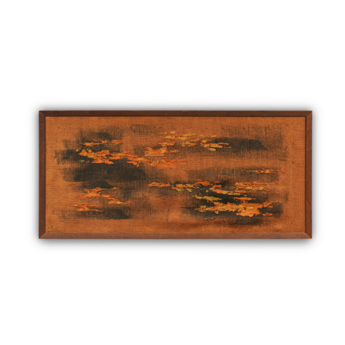 Mid-Century Modern Burlap Abstract Painting 1950s-1960s Vintage Danish-Style Framed Art Burnt Orange & Black Design