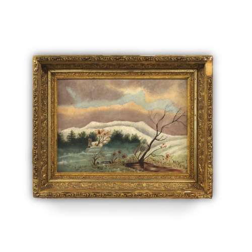 19th Century Primitive American Winter Landscape Painting