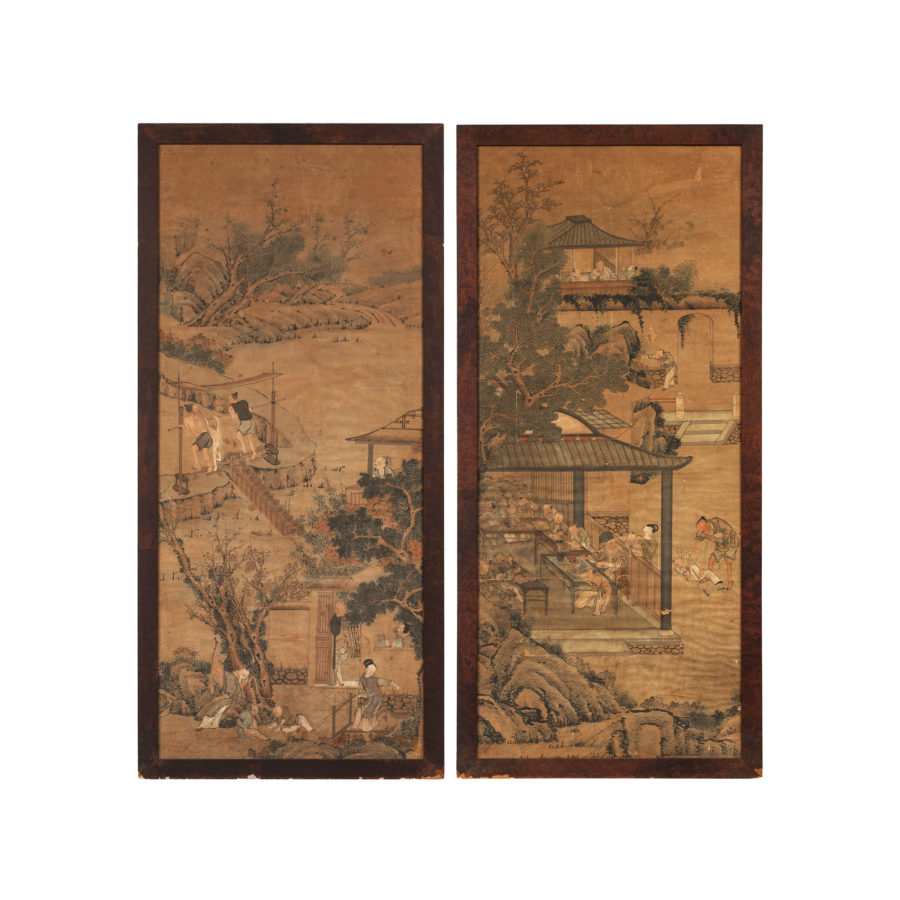 Pair of Qing Dynasty Antique Chinese Court Landscape Paintings