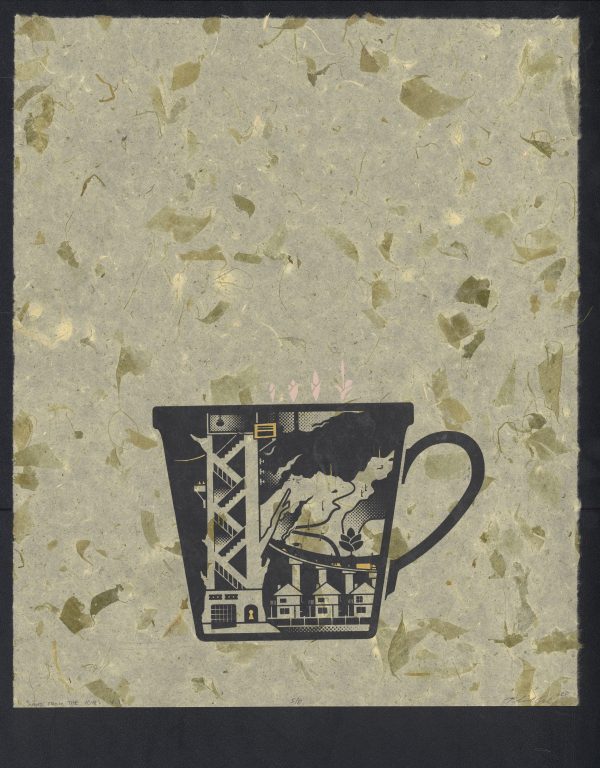 Vietnamese mug with staircase and houses on tan marble paper