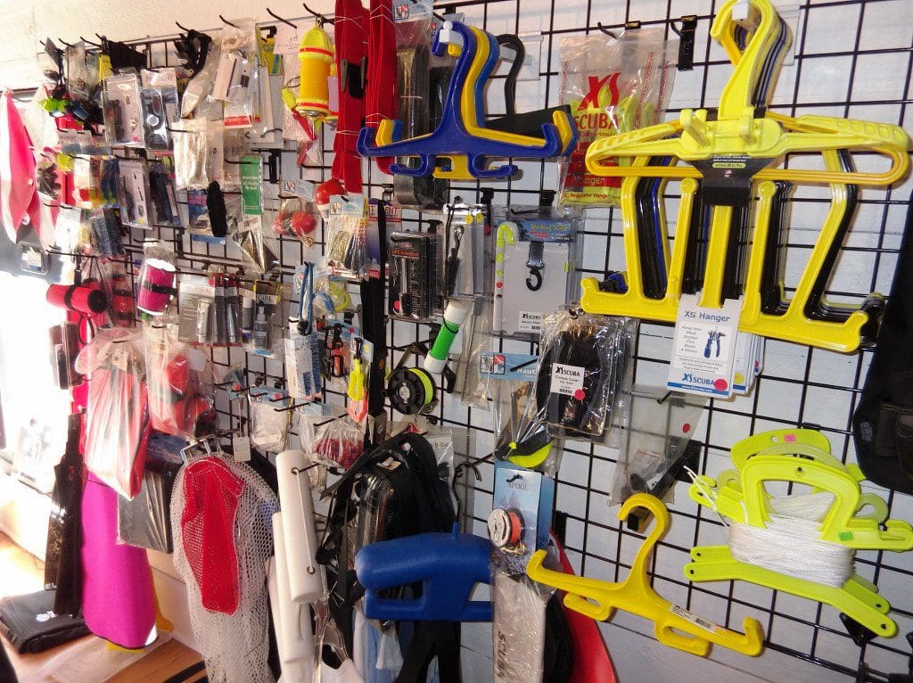 wall of dive accessories