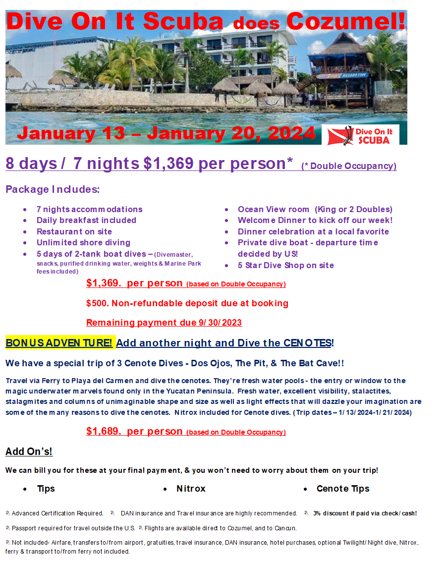 Dive with us in Cozumel in 2024! 2024 Cozumel Trip!