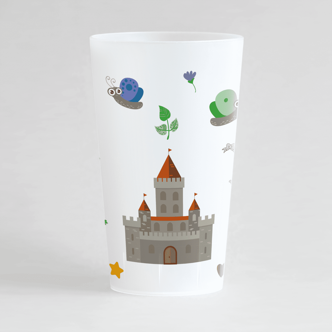 Un ecocup givré de dos avec un motif château et des motifs sur l'univers des princesses.