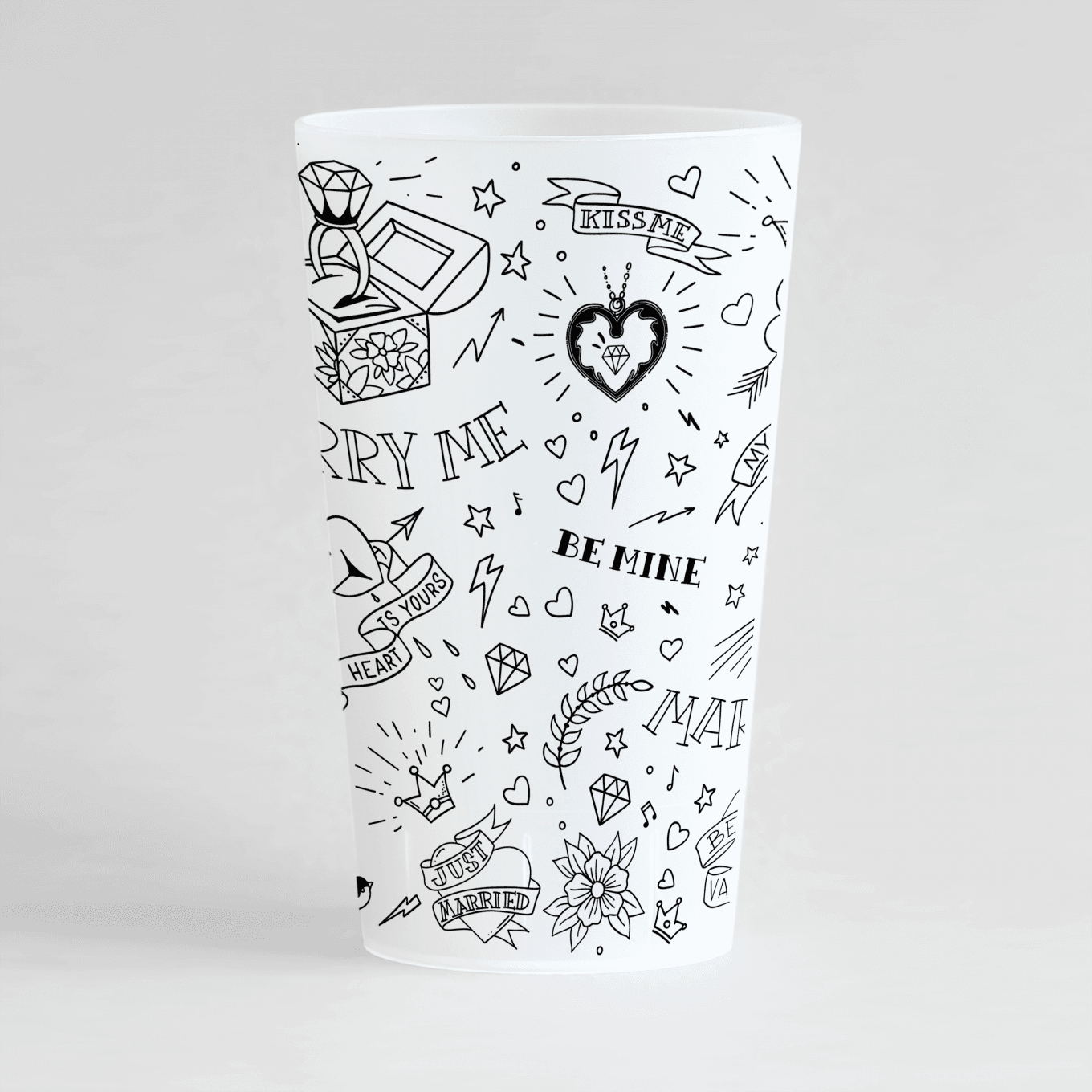 Un ecocup givre de dos personnalisé avec un thème mariage avec des motifs tatouages