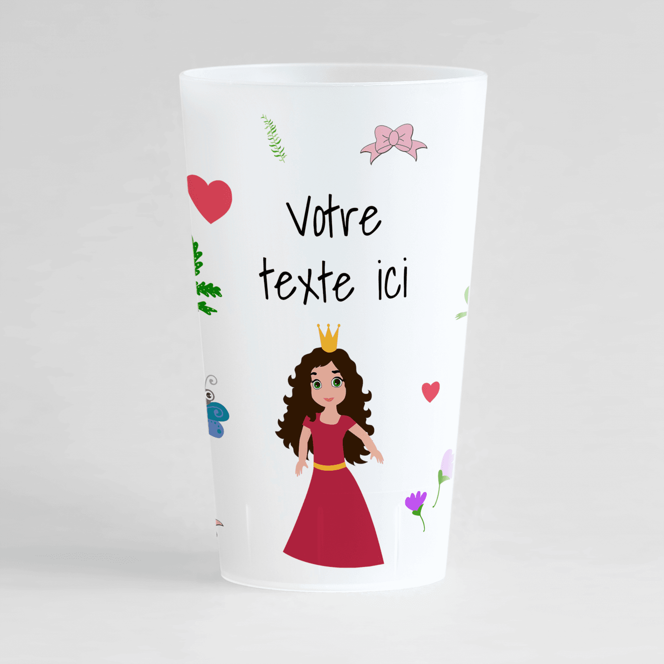 Un ecocup givré de face personnalisable sur un thème princesse.