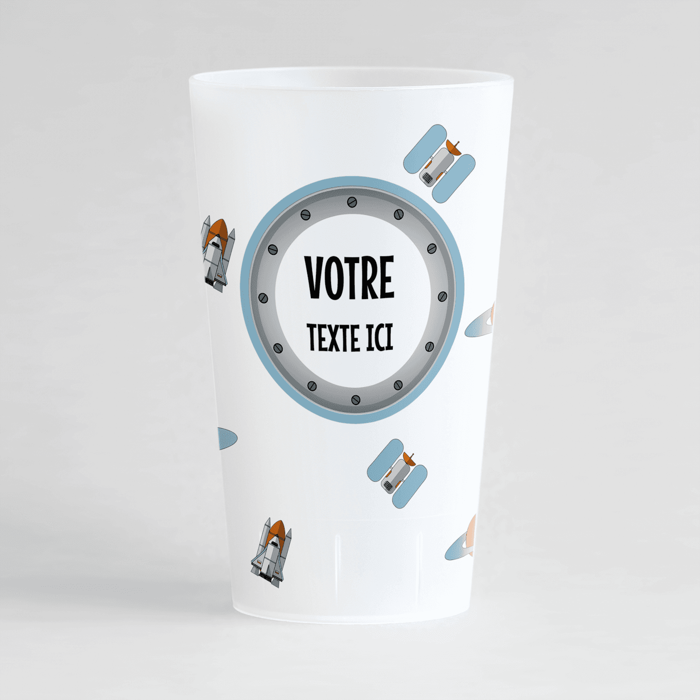 Un ecocup givré de face avec un thème espace et une zone de texte à personnaliser.