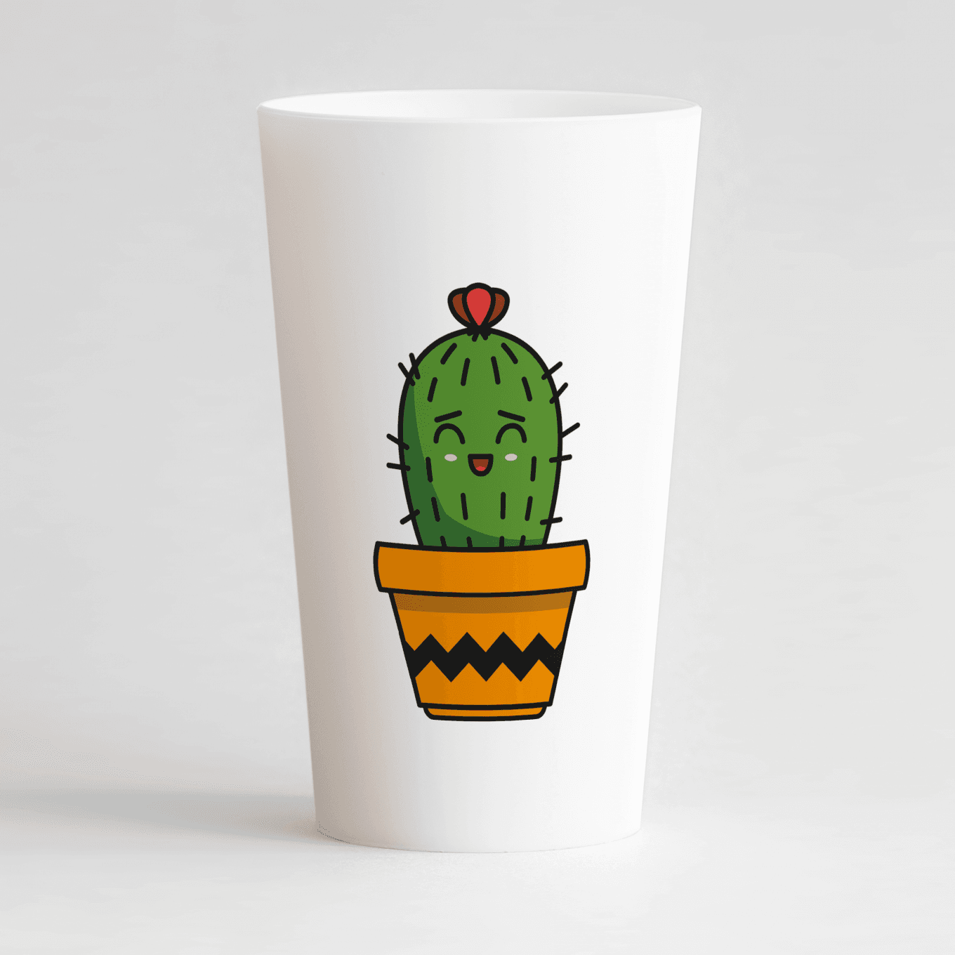Un ecocup blanc de face personnalisable avec un thème anniversaire et un motif cactus.