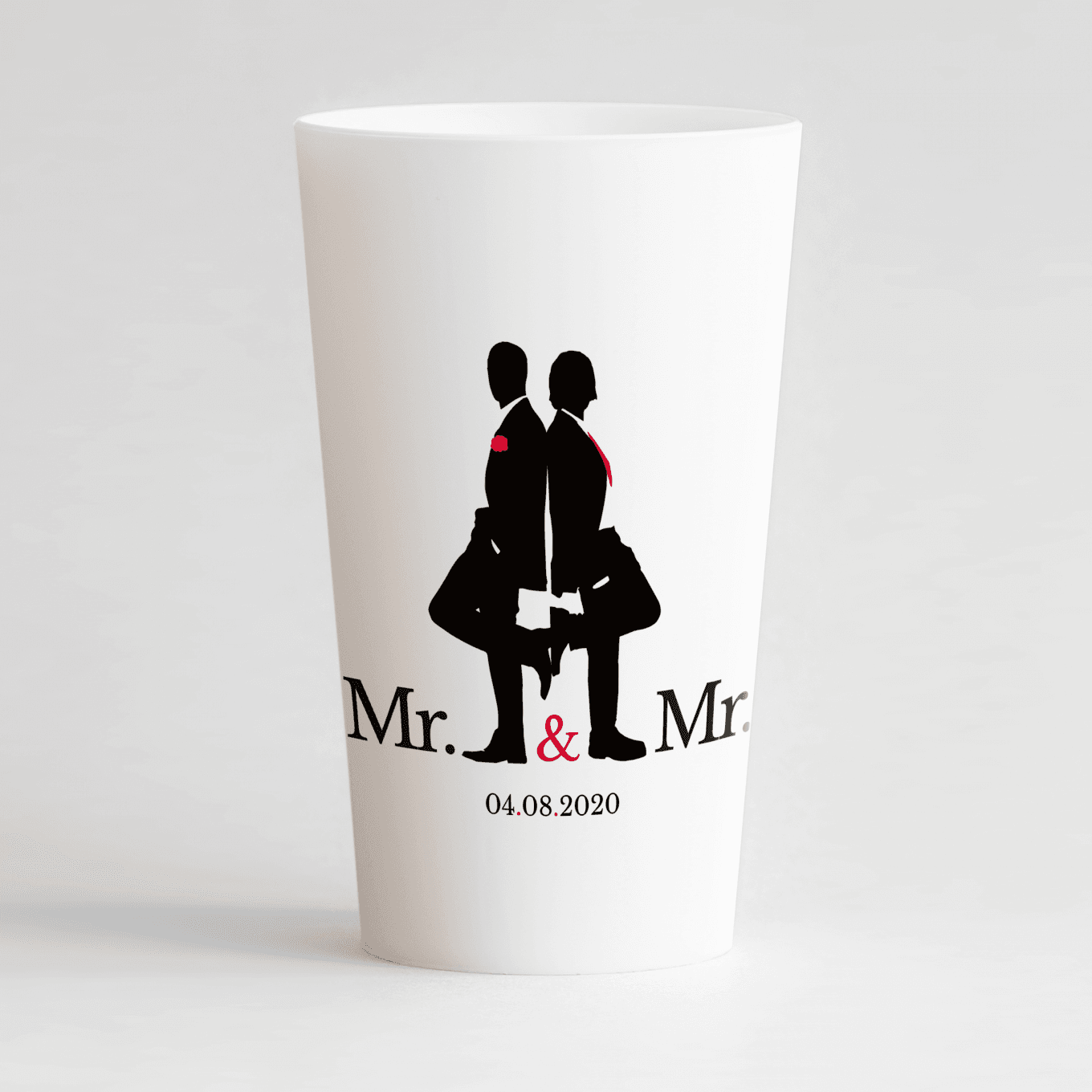 Un ecocup blanc de face personnalisé avec les silhouettes de deux hommes dos à dos