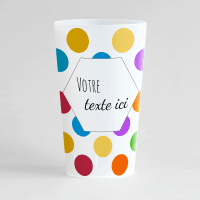 Un ecocup givré de face avec des gros points colorés et une zone de texte personnalisable.