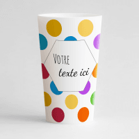 Un ecocup blanc de face avec des gros points colorés et une zone de texte personnalisable.