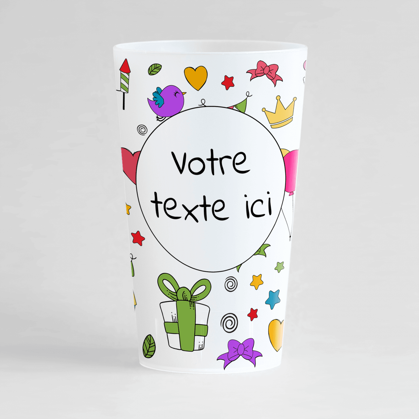 Un ecocup givré de face à personnaliser avec votre texte, et avec des dessins colorés.