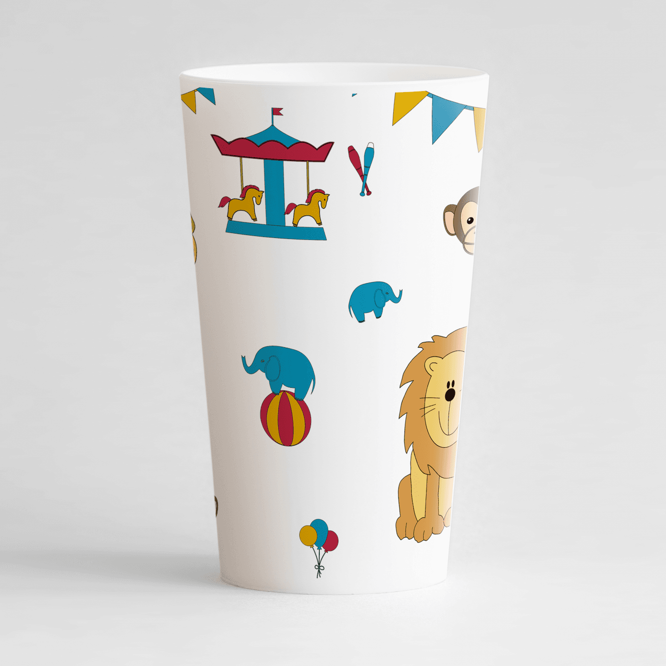 Un ecocup blanc de dos personnalisé avec un thème anniversaire enfant autour de l'univers du cirque