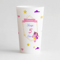 un ecocup blanc de face avec un thème licorne, des cœurs et des nuages