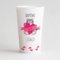 Un ecocup blanc de face avec des zones de texte et un ourson.